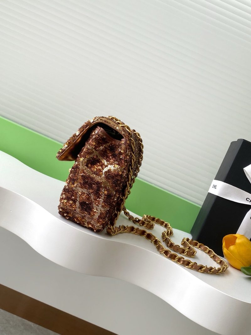 cc 25S Flap Bag 21cm Brown Gold Sequin Calfskin