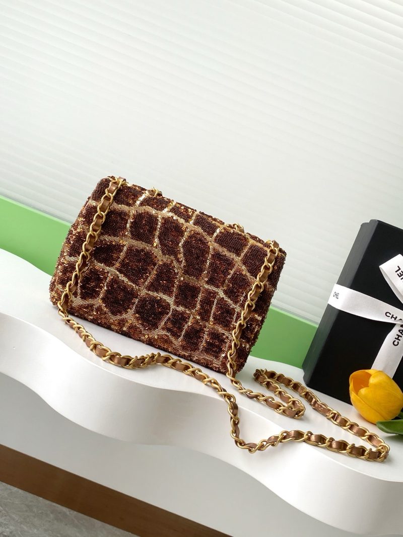 cc 25S Flap Bag 21cm Brown Gold Sequin Calfskin