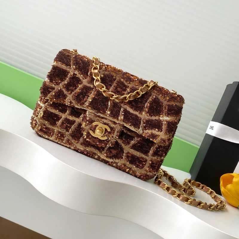 cc 25S Flap Bag 21cm Brown Gold Sequin Calfskin