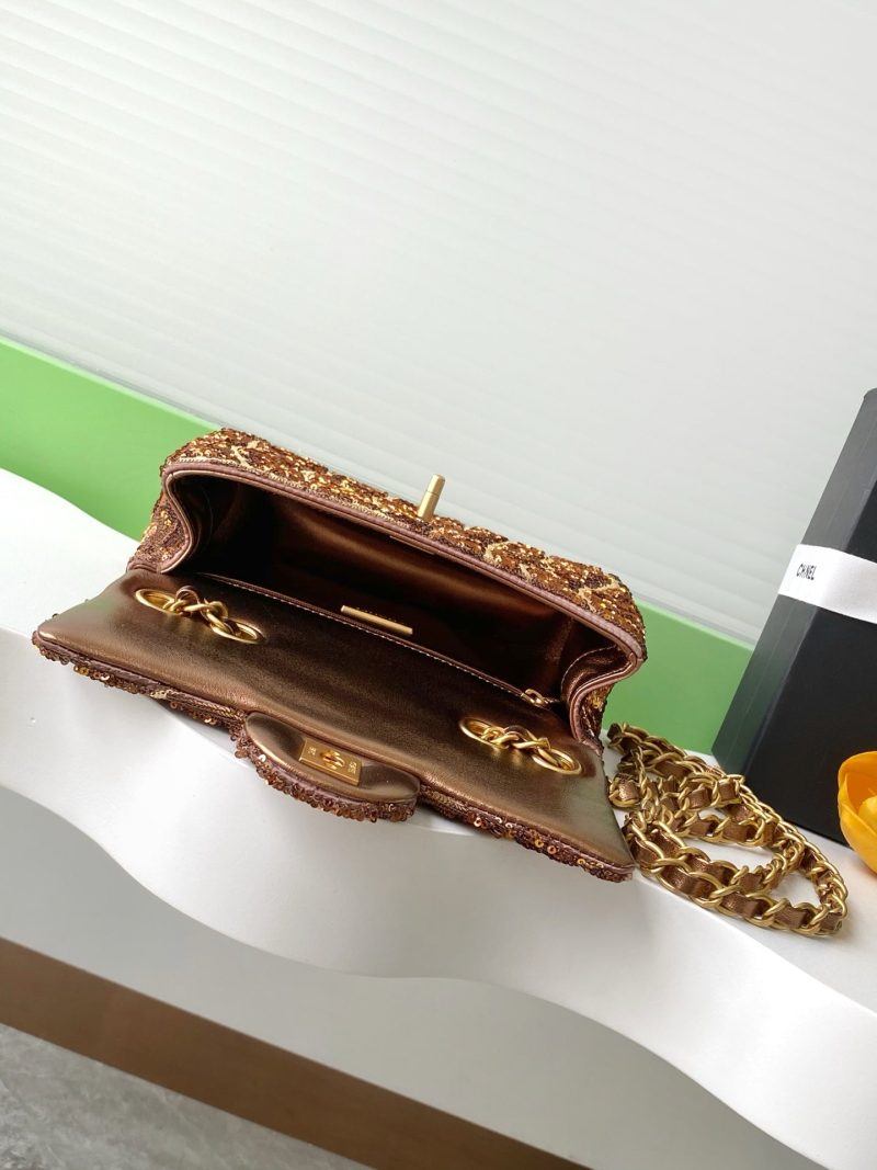 cc 25S Flap Bag 21cm Brown Gold Sequin Calfskin