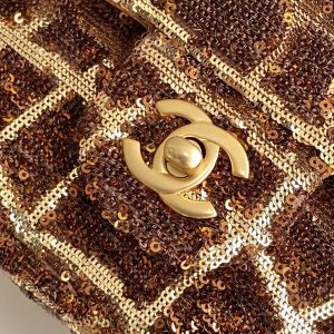 cc 25S Flap Bag 21cm Brown Gold Sequin Calfskin