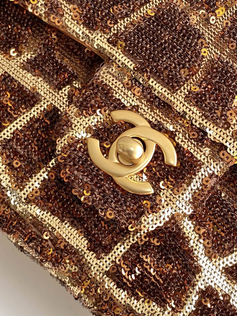 cc 25S Flap Bag 21cm Brown Gold Sequin Calfskin
