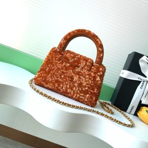 Chanel 2025 Kelly Bag 19cm Vibrant Orange Sequin Leather 319628