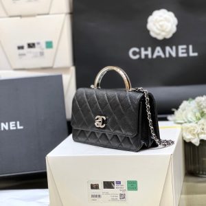 CC 25P Flap Bag Top Handle 18.5cm Black Grained Calfskin