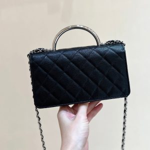 CC 25P Flap Bag Top Handle 18.5cm Black Grained Calfskin