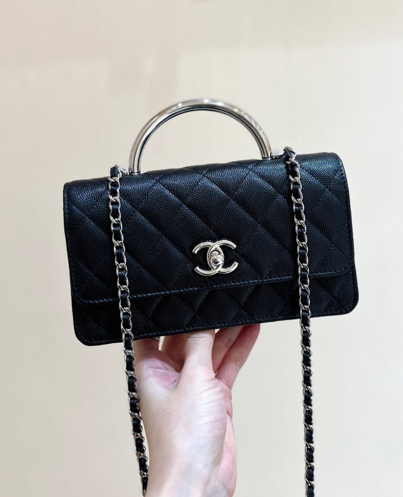 CC 25P Flap Bag Top Handle 18.5cm Black Grained Calfskin