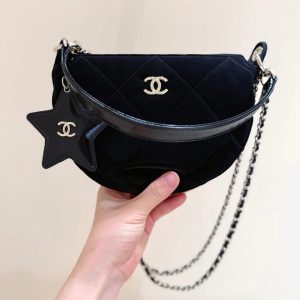 Chanel 2025 Clutch With Chain Black Gold Velvet Leather 346012