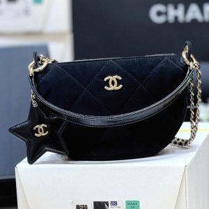 Chanel 2025 Clutch With Chain Black Gold Velvet Leather 346012