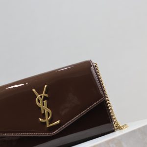 uptown chain wallet 19cm dark brown patent calfskin