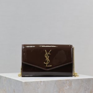 uptown chain wallet 19cm dark brown patent calfskin