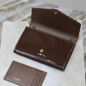 uptown chain wallet 19cm dark brown patent calfskin