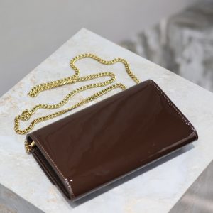 uptown chain wallet 19cm dark brown patent calfskin