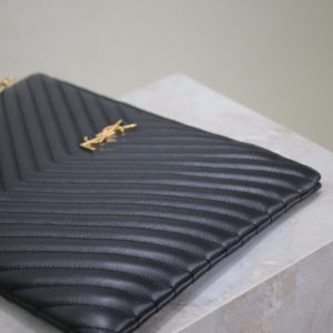 CLUTCH 36 IN BLACK QUILTED CALFSKIN GOLD BUCKLE