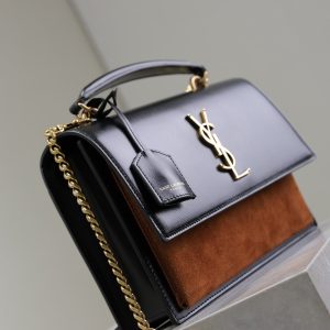 YSL Sunset Handbags 25cm Black Brown Cowhide Suede