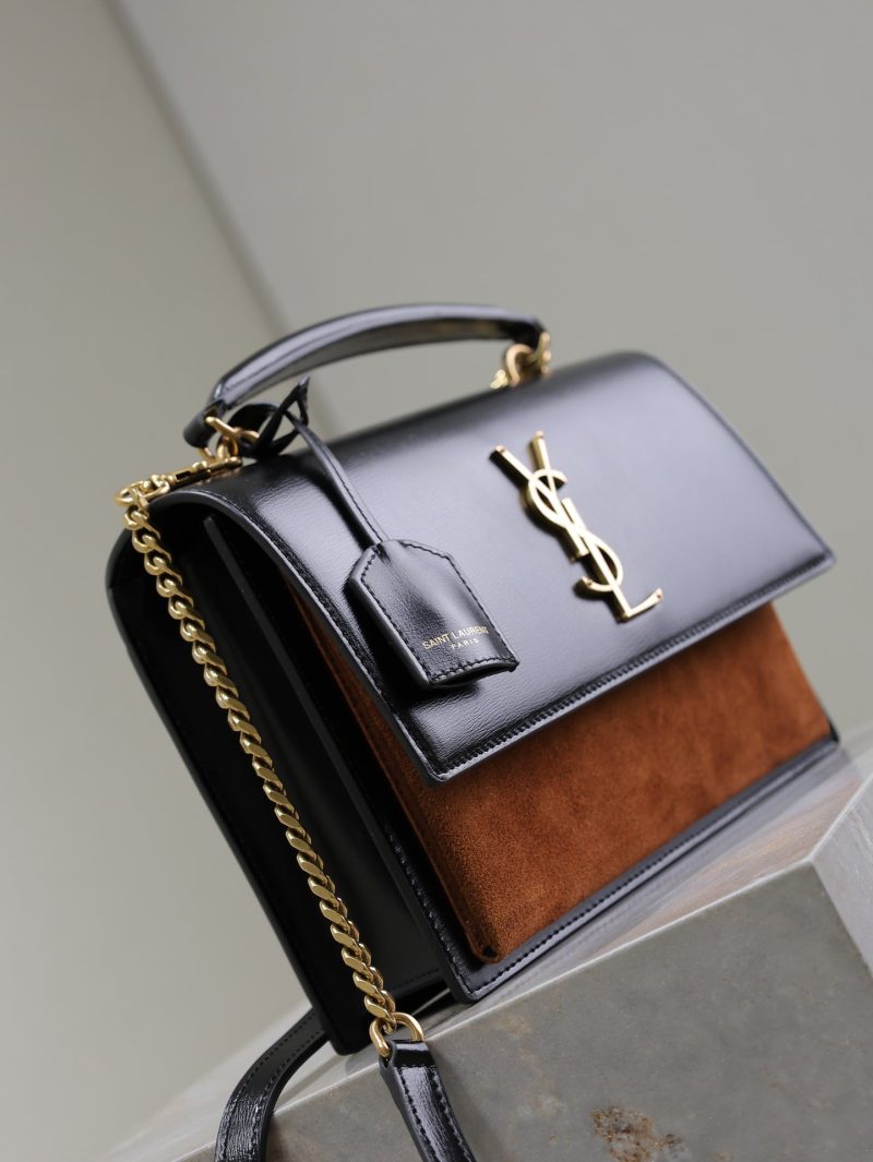 YSL Sunset Handbags 25cm Black Brown Cowhide Suede