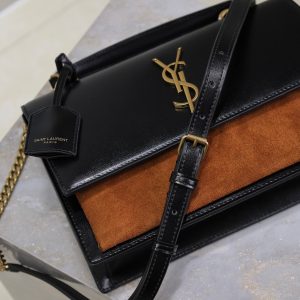 YSL Sunset Handbags 25cm Black Brown Cowhide Suede