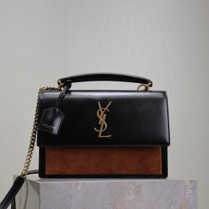 YSL Sunset Handbags 25cm Black Brown Cowhide Suede
