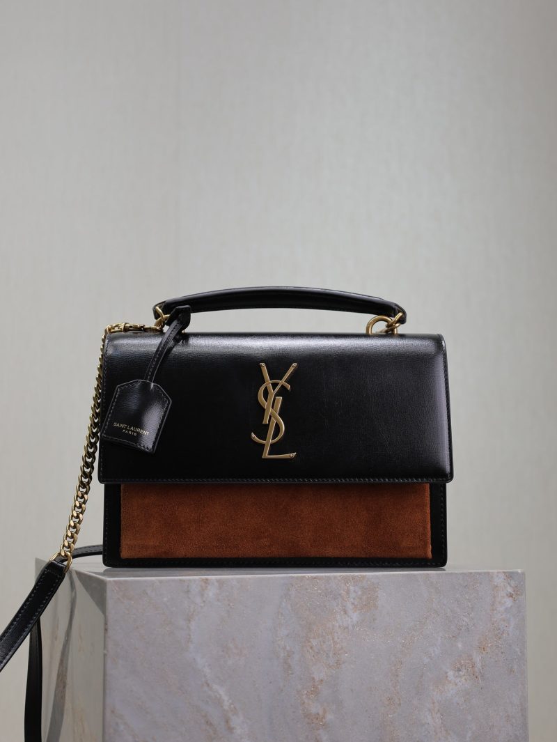 YSL Sunset Handbags 25cm Black Brown Cowhide Suede