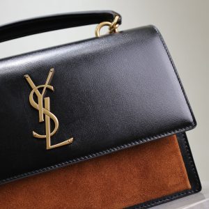YSL Sunset Handbags 25cm Black Brown Cowhide Suede
