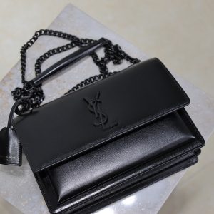 YSL Medium Sunset Shoulder Bag 22cm Black Cowhide Black HW