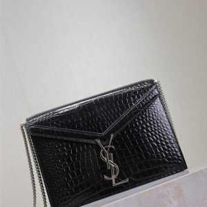 CASSANDRA CHAIN BAG 22 IN BLACK CROCODILE PATTERN CALFSKIN SILVER HARDWARE