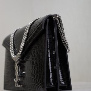 CASSANDRA CHAIN BAG 22 IN BLACK CROCODILE PATTERN CALFSKIN SILVER HARDWARE