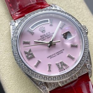 ROLEX Day-Date 36mm Diamond Red Leather Pink Dial