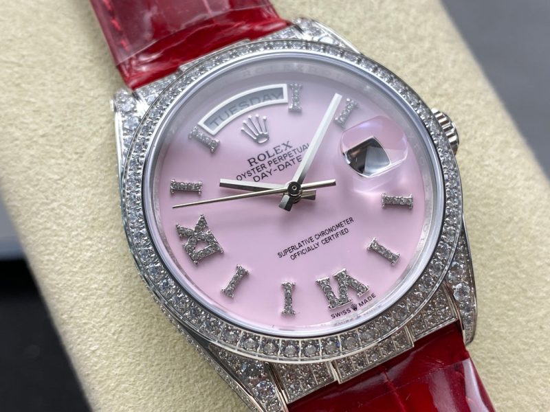 ROLEX Day-Date 36mm Diamond Red Leather Pink Dial
