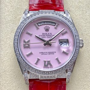 ROLEX Day-Date 36mm Diamond Red Leather Pink Dial