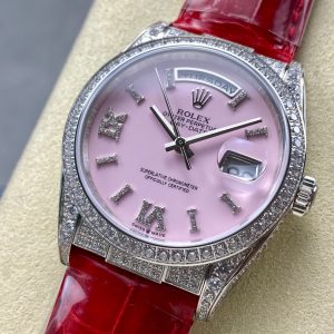 ROLEX Day-Date 36mm Diamond Red Leather Pink Dial