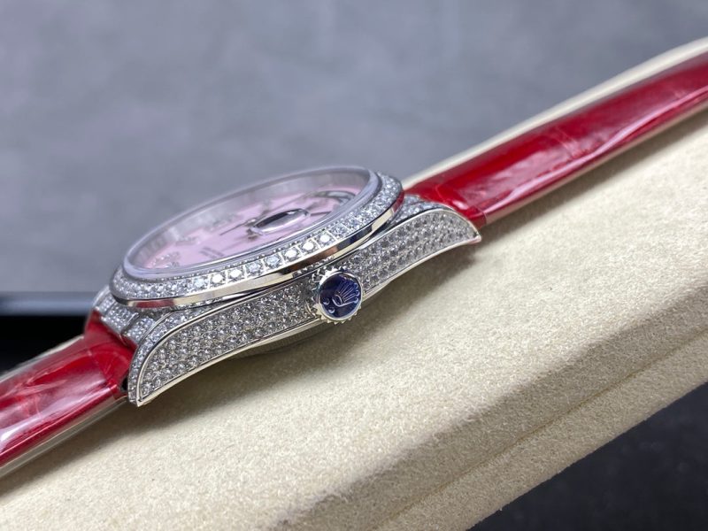 ROLEX Day-Date 36mm Diamond Red Leather Pink Dial