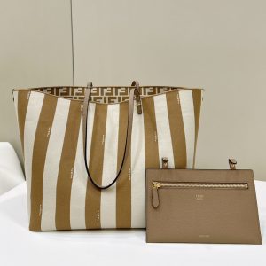 FendiI ROLL 33 TOTE BAG IN PEANUT BROWN MIX WHITE CANVAS