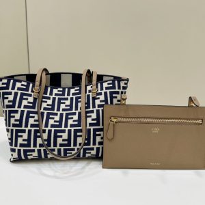 FendiI ROLL 22 TOTE BAG IN MIDNIGHT BLUE MIX WHITE CANVAS