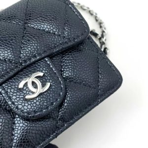 Chanel 2026 Quilted Flap Card Holder with Chain Black Caviar Leather