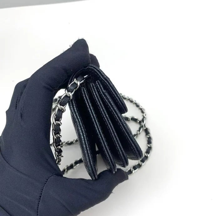 Chanel 2026 Quilted Flap Card Holder with Chain Black Caviar Leather