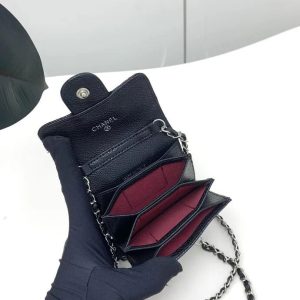 Chanel 2026 Quilted Flap Card Holder with Chain Black Caviar Leather