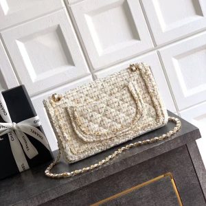 Chanel 2026 Quilted Rectangular Flap Bag 25cm White Gold Tweed Leather