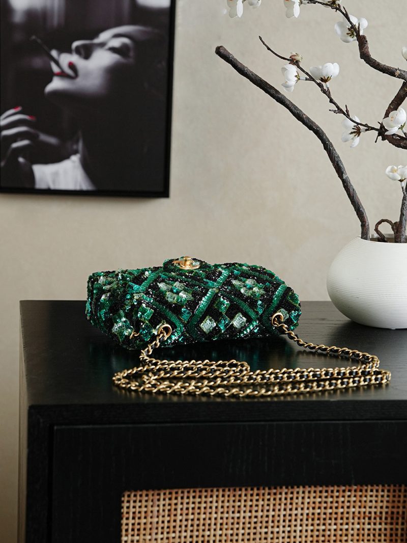 Chanel 2026 Flap Bag 20cm Green Mix Colors Sequin Leather