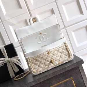 Chanel 2026 Quilted Rectangular Flap Bag 25cm White Gold Tweed Leather