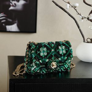 Chanel 2026 Flap Bag 20cm Green Mix Colors Sequin Leather