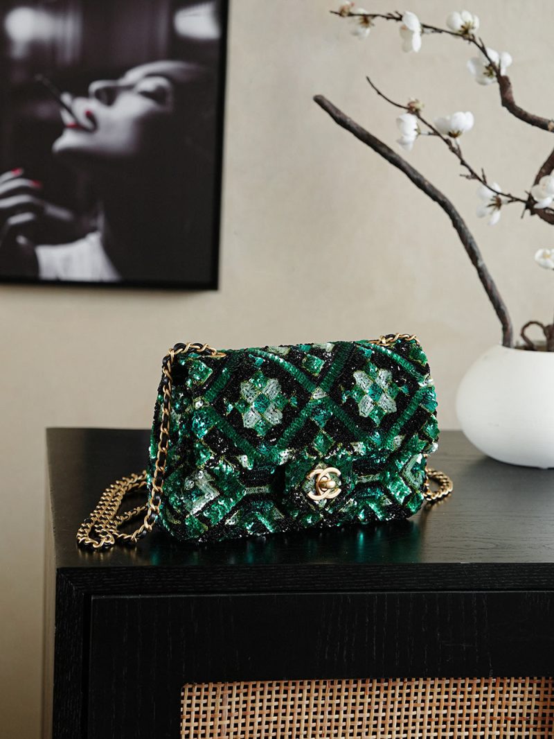 Chanel 2026 Flap Bag 20cm Green Mix Colors Sequin Leather