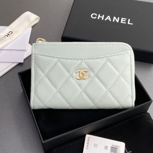 Chanel 2026 Quilted Card Holder 13cm Light Blue Grained Calfskin