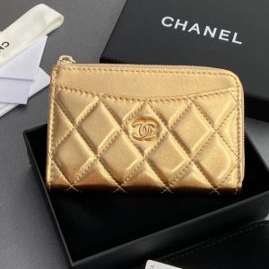 Chanel 2026 Quilted Card Holder 13cm Gold Metallic Lambskin