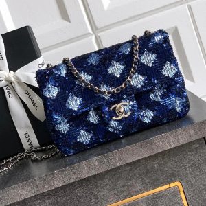 Chanel 2026 Flap Bag 20cm Blue Sequin Leather