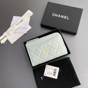 Chanel 2026 Quilted Card Holder 13cm Light Blue Grained Calfskin