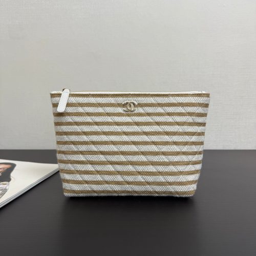 Chanel 26 Woven Clutch 19 White Khaki Canvas