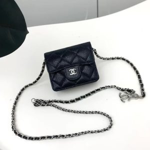 Chanel 2026 Quilted Flap Card Holder with Chain Black Caviar Leather