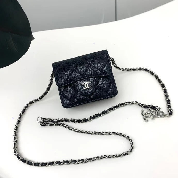 Chanel 2026 Quilted Flap Card Holder with Chain Black Caviar Leather