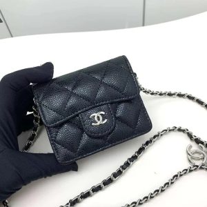 Chanel 2026 Quilted Flap Card Holder with Chain Black Caviar Leather