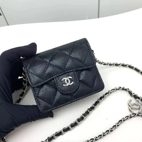 Chanel 2026 Quilted Flap Card Holder with Chain Black Caviar Leather